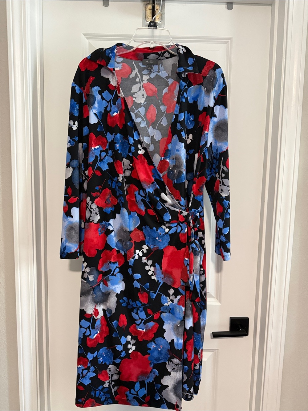The Limited Black Floral Wrap Dress with Red & Blue Accents